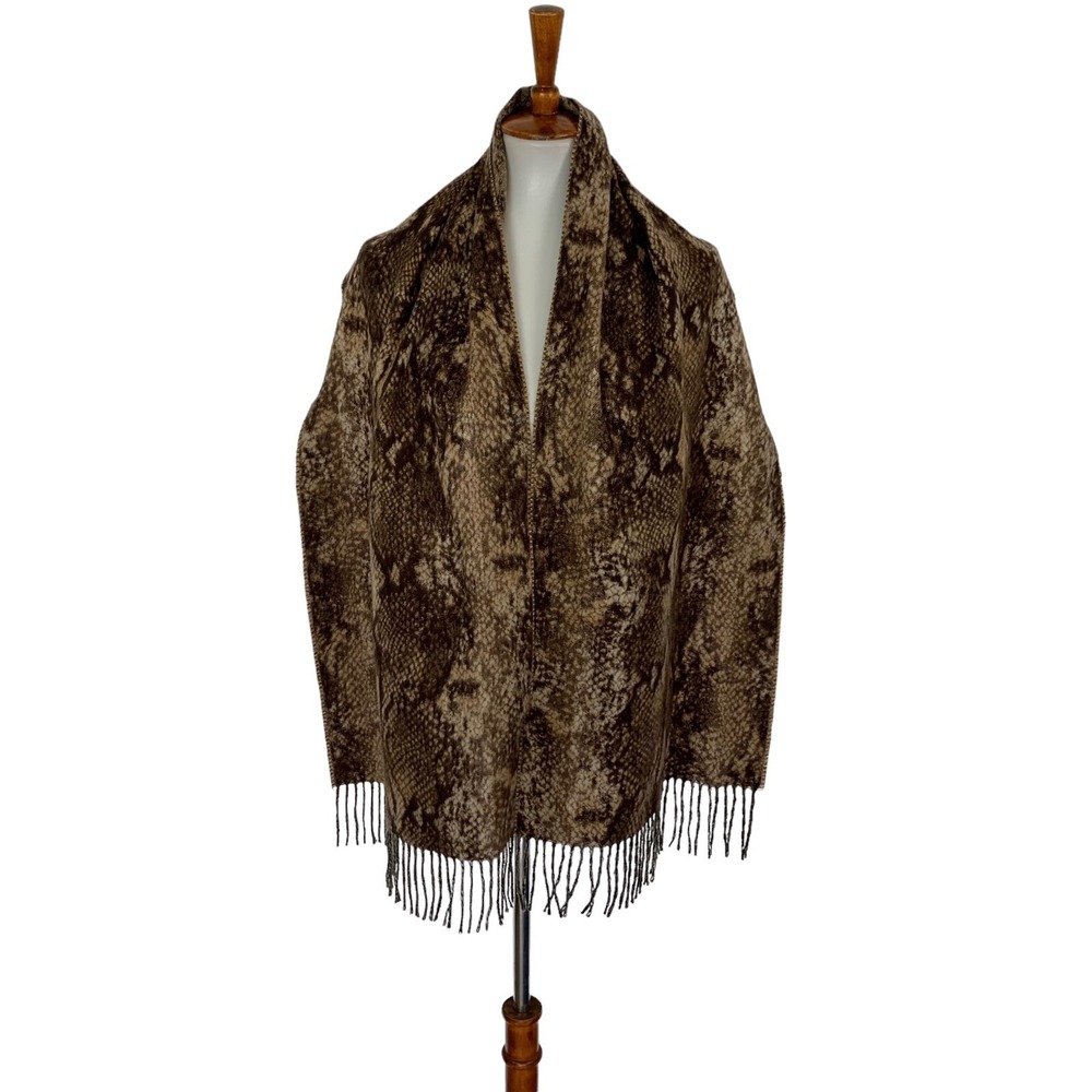 V Fraas Brown Snakeskin Print Cashmink‎ Fringed Shawl Wrap